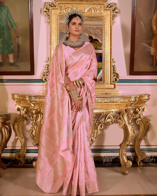 Soft Pink Pure Banarasi Saree with Geometric Butidar Weaves