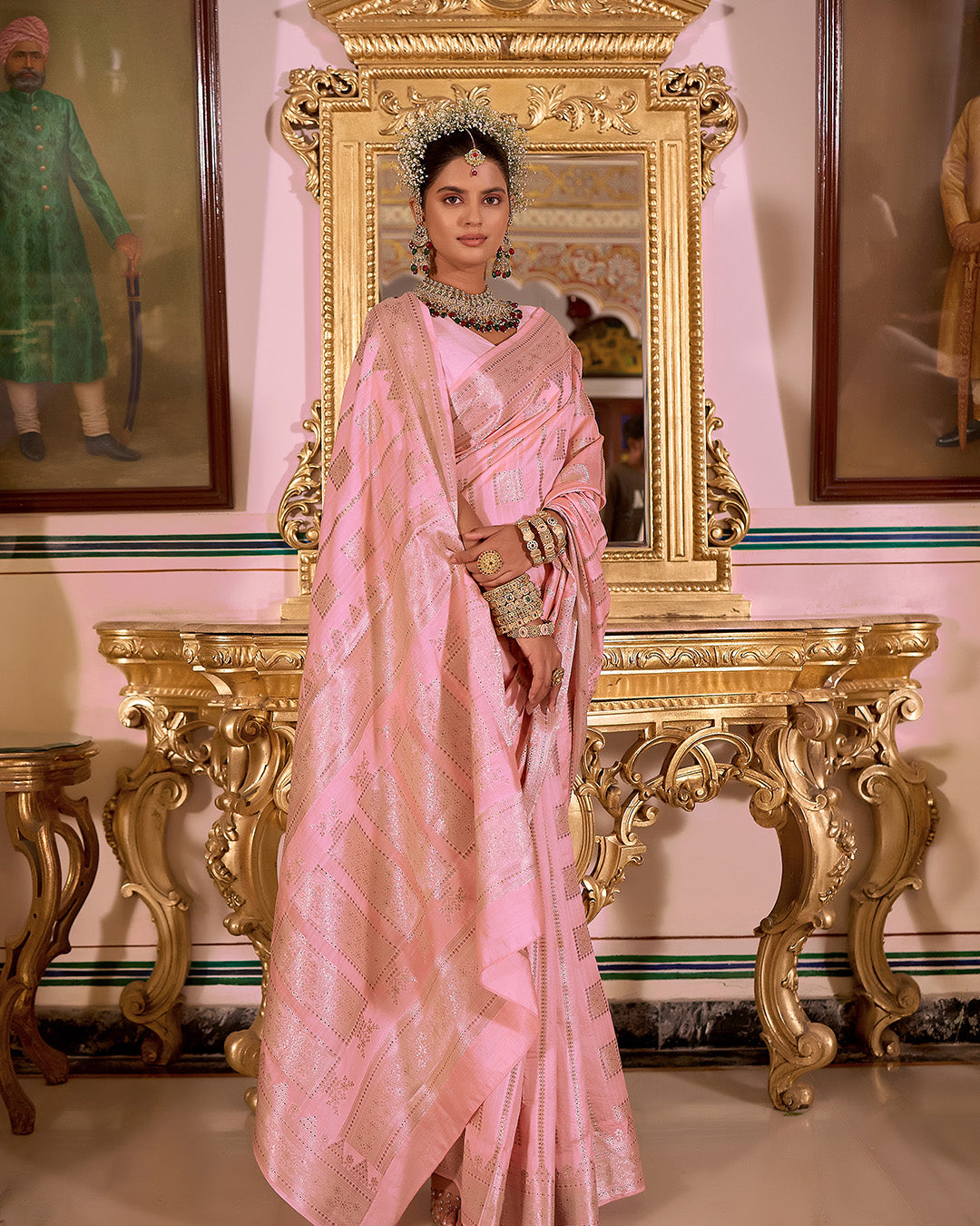 Soft Pink Pure Banarasi Saree with Geometric Butidar Weaves