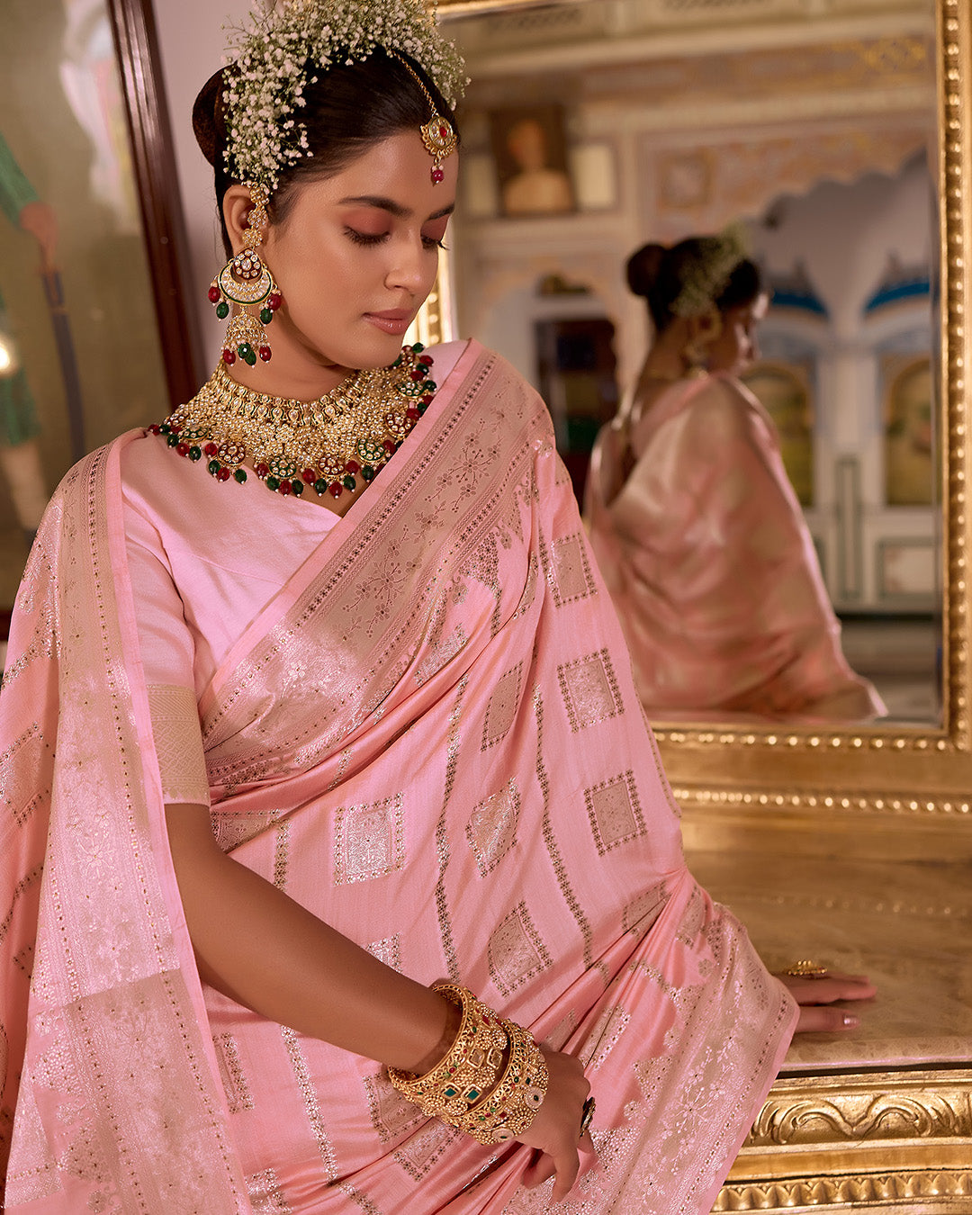 Soft Pink Pure Banarasi Saree with Geometric Butidar Weaves