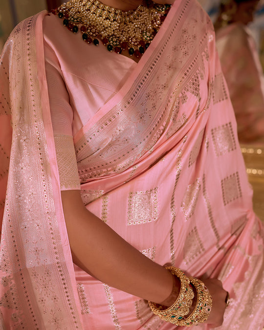 Soft Pink Pure Banarasi Saree with Geometric Butidar Weaves