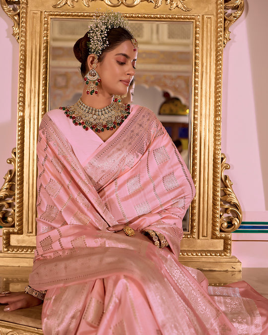 Soft Pink Pure Banarasi Saree with Geometric Butidar Weaves