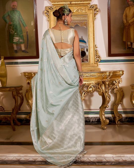 Seafoam Aqua Pure Banarasi Saree with Floral Delicate Butidar Weaving