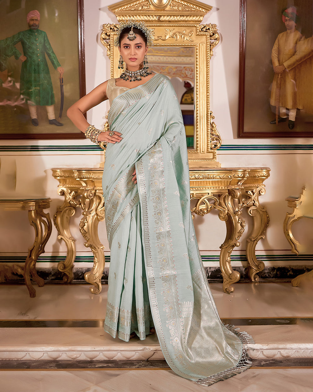 Seafoam Aqua Pure Banarasi Saree with Floral Delicate Butidar Weaving