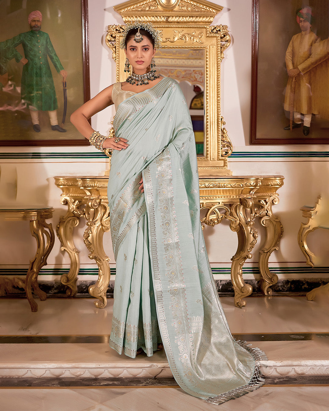 Seafoam Aqua Pure Banarasi Saree with Floral Delicate Butidar Weaving