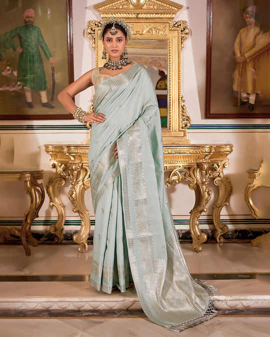 Seafoam Aqua Pure Banarasi Saree with Floral Delicate Butidar Weaving