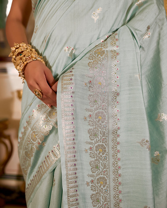Seafoam Aqua Pure Banarasi Saree with Floral Delicate Butidar Weaving