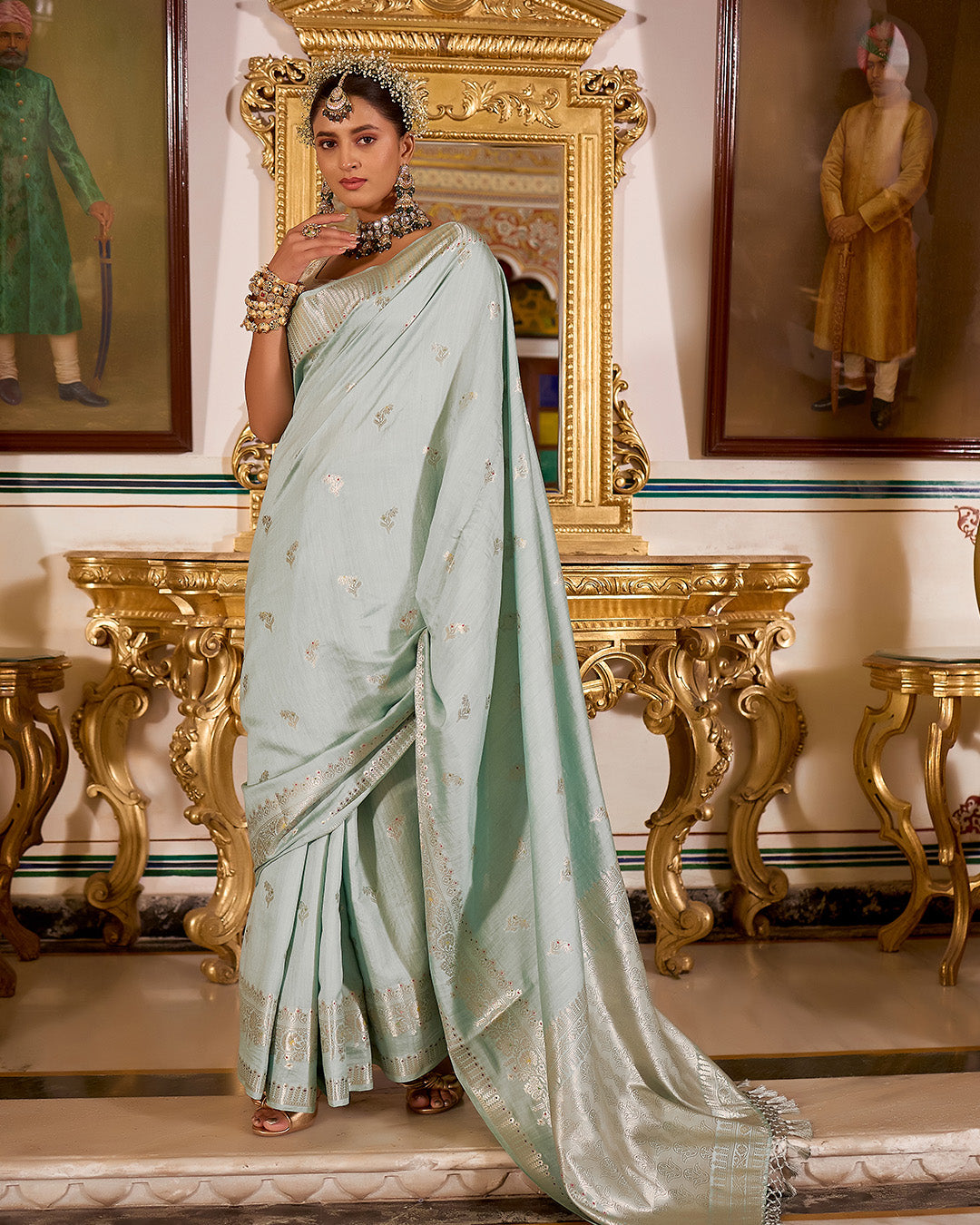 Seafoam Aqua Pure Banarasi Saree with Floral Delicate Butidar Weaving