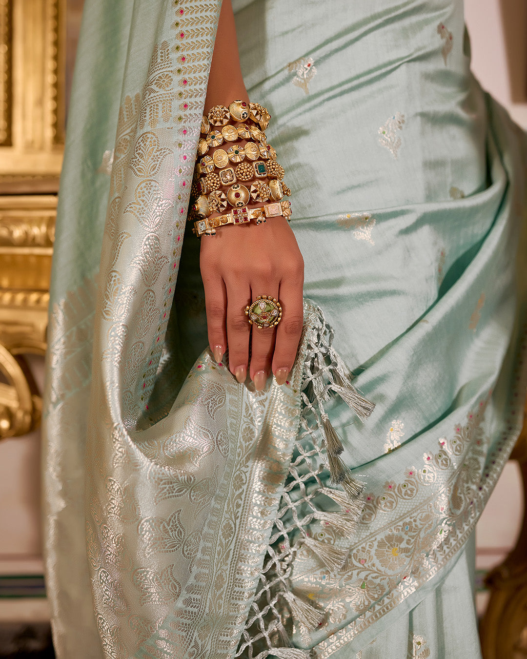 Seafoam Aqua Pure Banarasi Saree with Floral Delicate Butidar Weaving