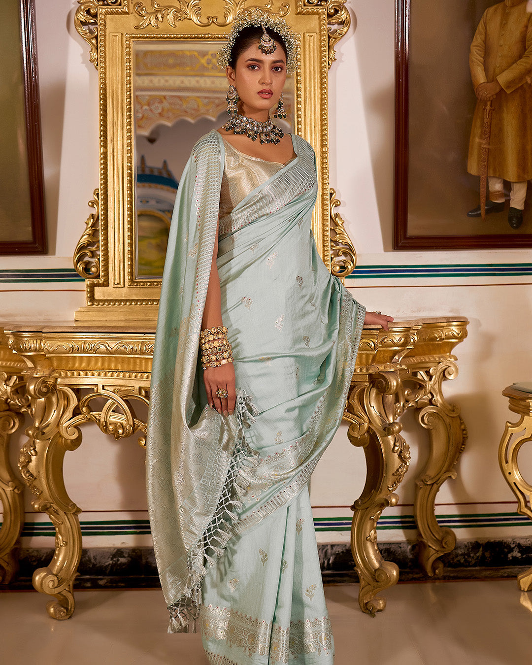 Seafoam Aqua Pure Banarasi Saree with Floral Delicate Butidar Weaving