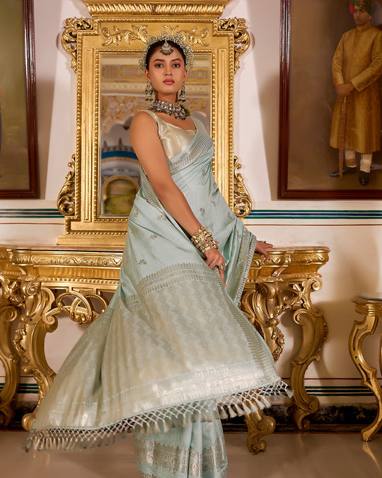 Seafoam Aqua Pure Banarasi Saree with Floral Delicate Butidar Weaving