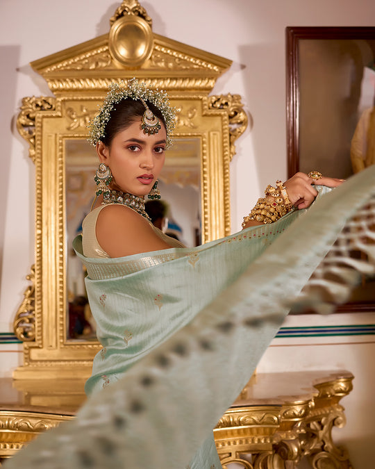 Seafoam Aqua Pure Banarasi Saree with Floral Delicate Butidar Weaving