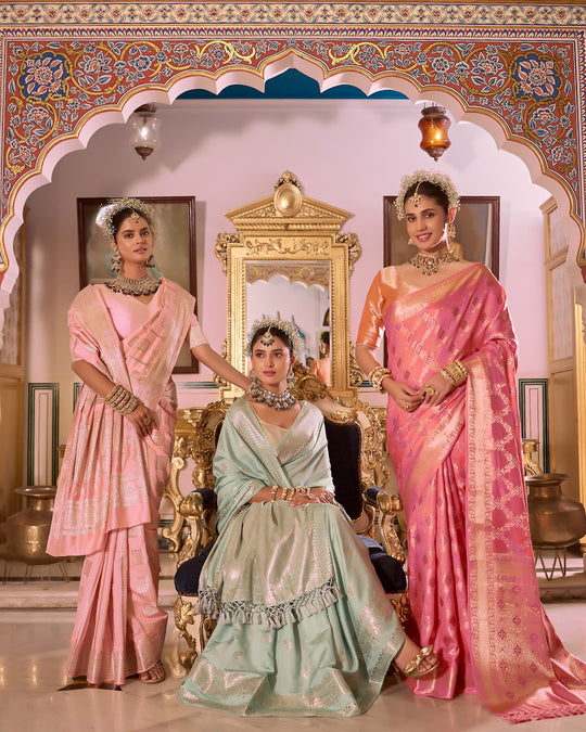 Soft Pink Pure Banarasi Saree with Geometric Butidar Weaves