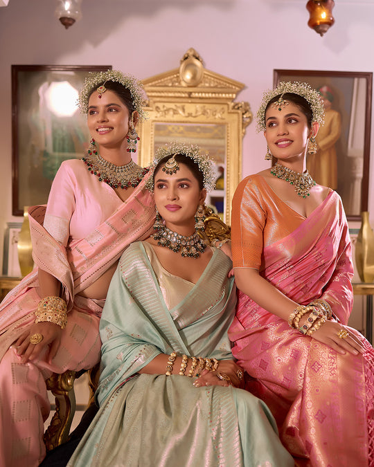 Seafoam Aqua Pure Banarasi Saree with Floral Delicate Butidar Weaving