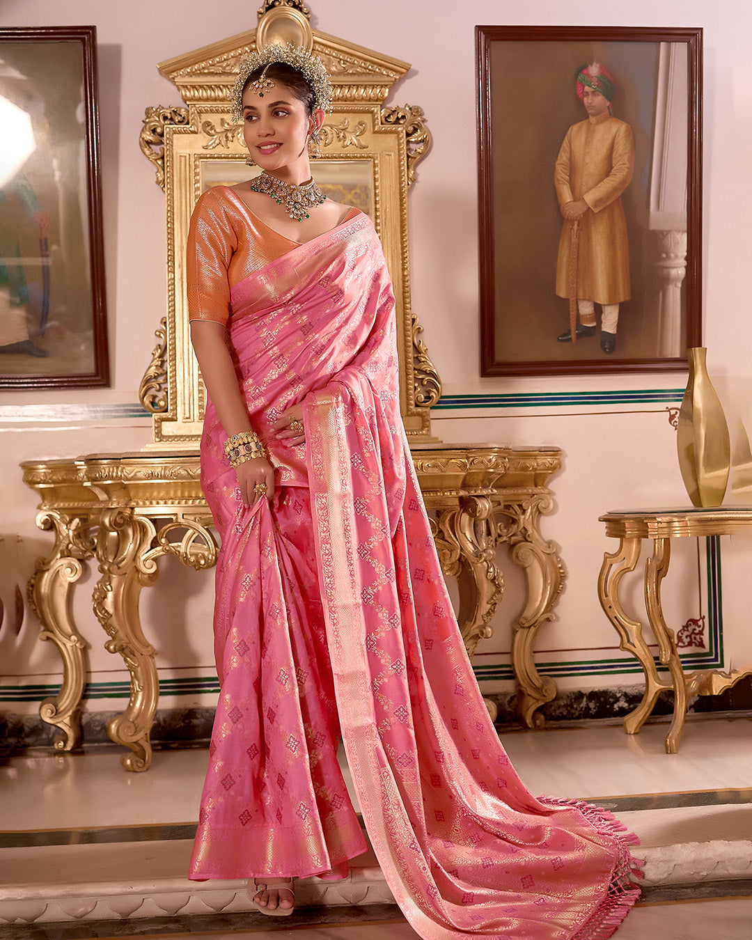 Flamingo Pink Pure Banarasi Saree with Intricate Zari Geometric Butidar Weaving