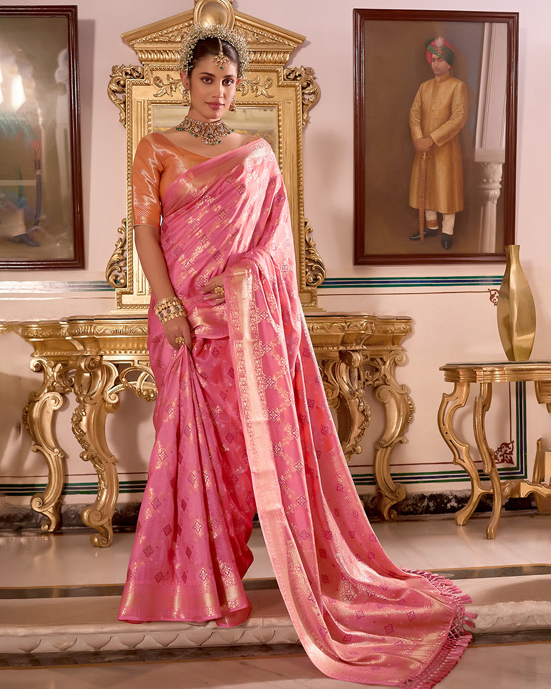 Flamingo Pink Pure Banarasi Saree with Intricate Zari Geometric Butidar Weaving