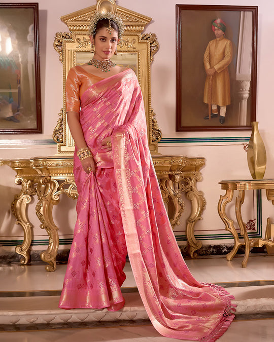 Flamingo Pink Pure Banarasi Saree with Intricate Zari Geometric Butidar Weaving