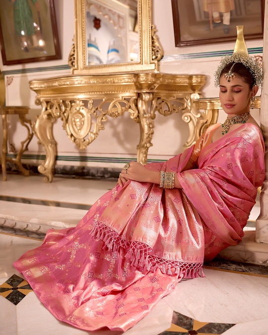 Flamingo Pink Pure Banarasi Saree with Intricate Zari Geometric Butidar Weaving