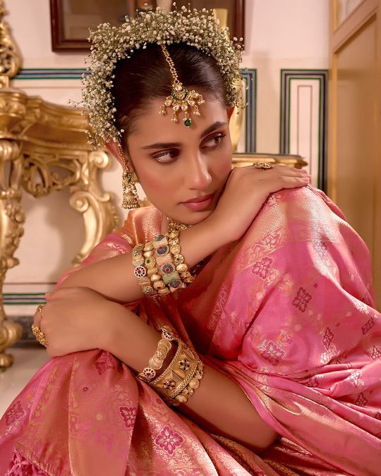 Flamingo Pink Pure Banarasi Saree with Intricate Zari Geometric Butidar Weaving
