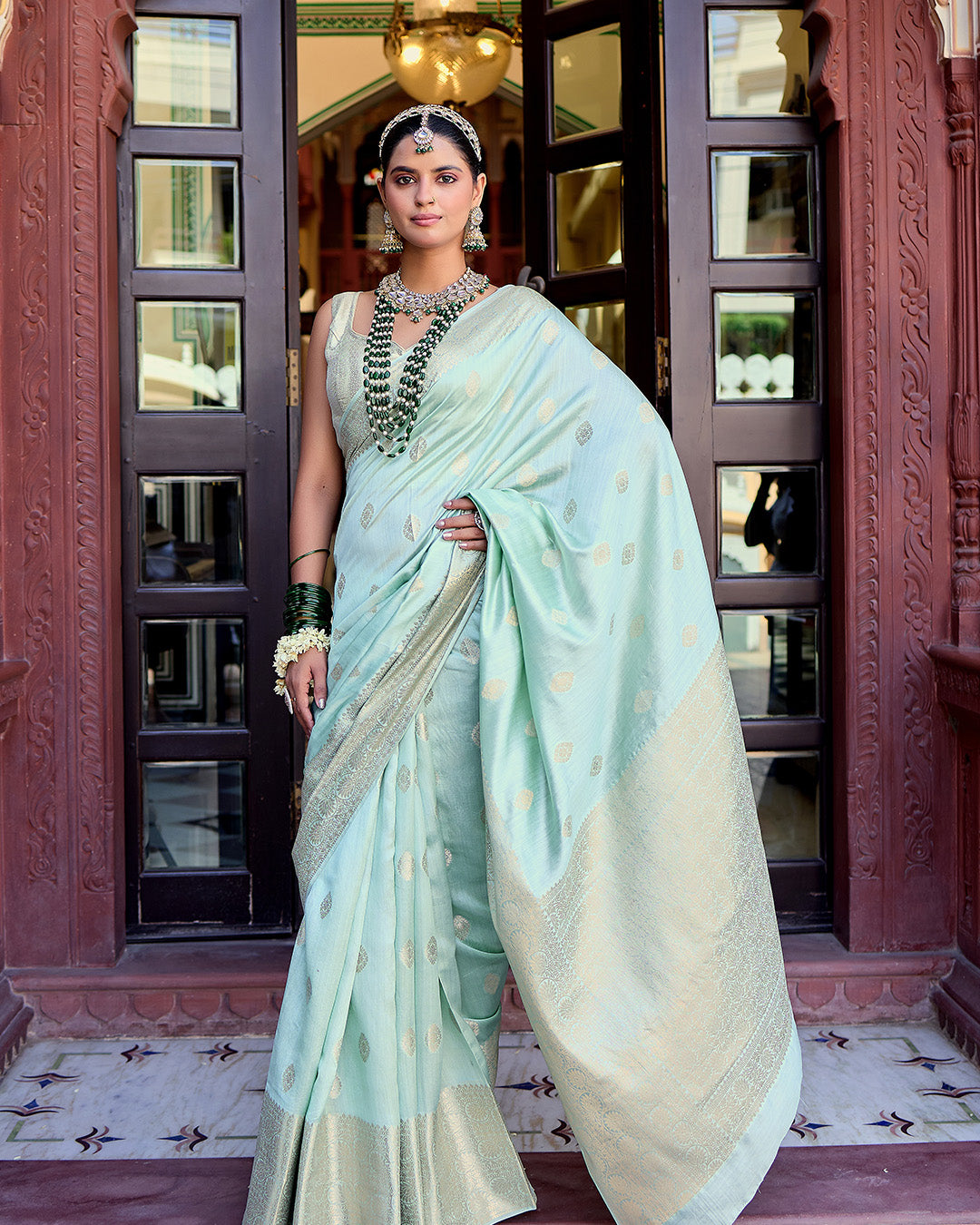 Pastel Aqua Green Pure Banarasi Saree with Delicate Butidar Weaving