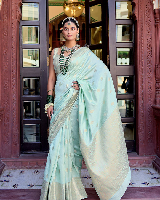 Pastel Aqua Green Pure Banarasi Saree with Delicate Butidar Weaving