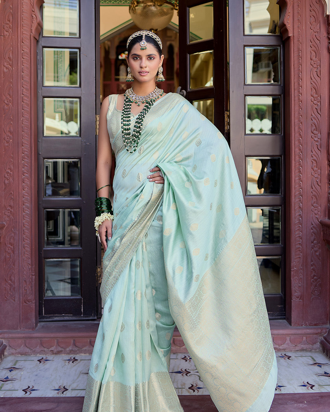 Pastel Aqua Green Pure Banarasi Saree with Delicate Butidar Weaving