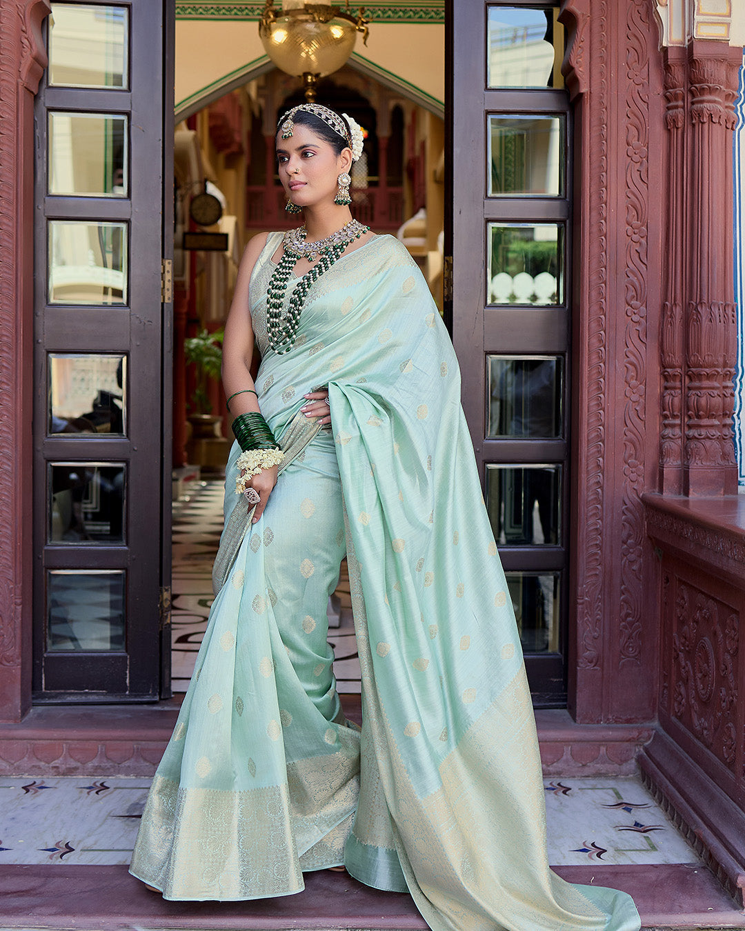 Pastel Aqua Green Pure Banarasi Saree with Delicate Butidar Weaving