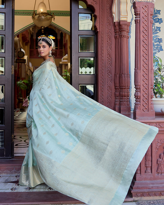 Pastel Aqua Green Pure Banarasi Saree with Delicate Butidar Weaving
