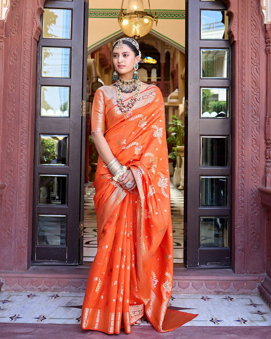 Orange Pure Banarasi Saree with Magnificent Floral Meenakari Jaal Weaving