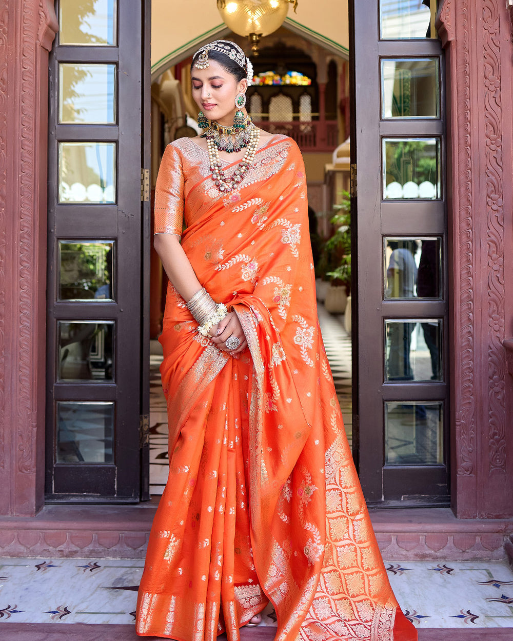 Orange Pure Banarasi Saree with Magnificent Floral Meenakari Jaal Weaving