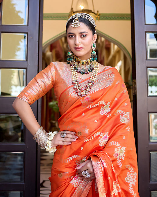 Orange Pure Banarasi Saree with Magnificent Floral Meenakari Jaal Weaving
