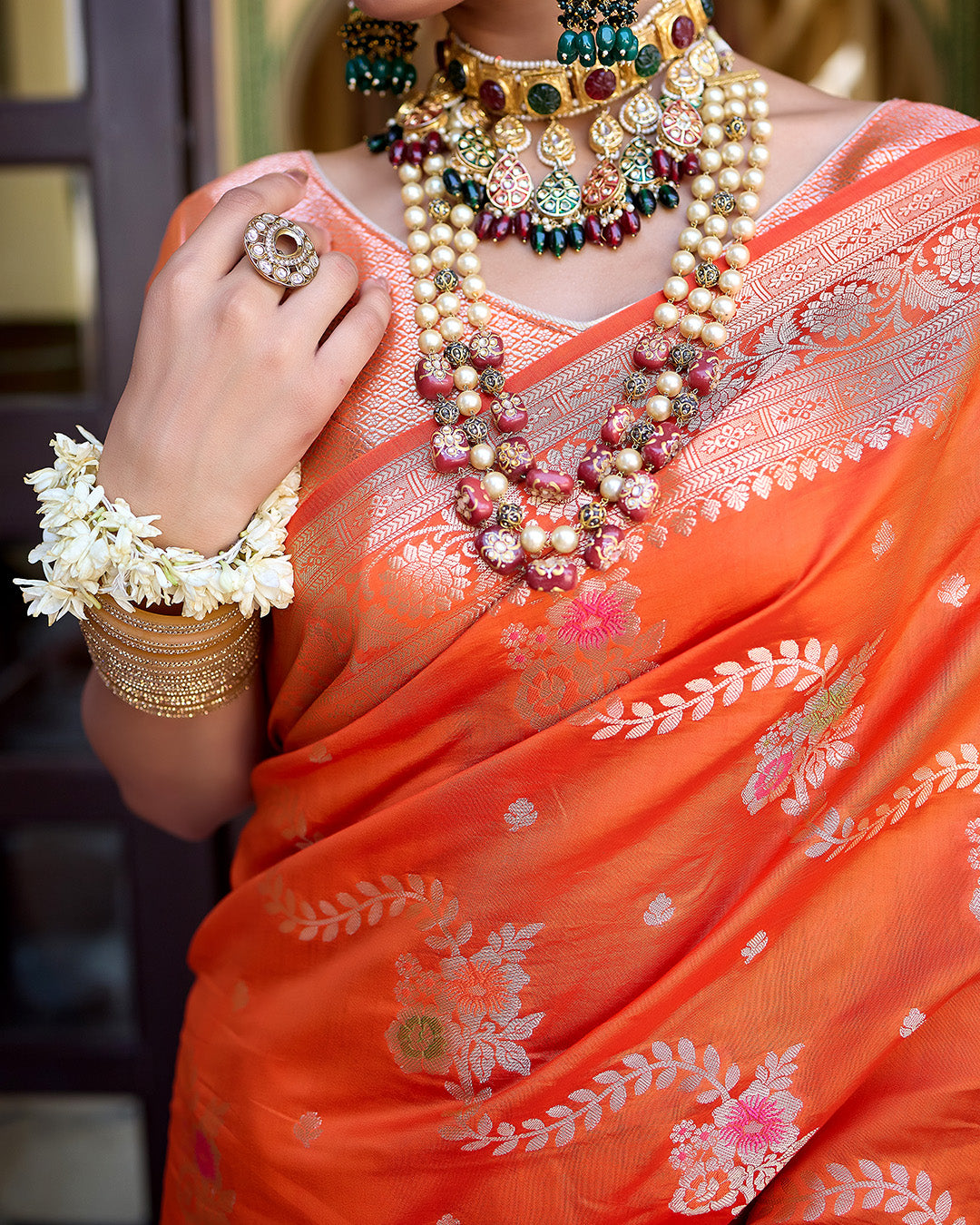 Orange Pure Banarasi Saree with Magnificent Floral Meenakari Jaal Weaving
