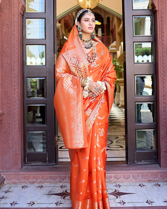 Orange Pure Banarasi Saree with Magnificent Floral Meenakari Jaal Weaving