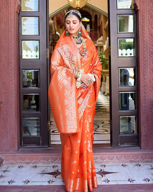 Orange Pure Banarasi Saree with Magnificent Floral Meenakari Jaal Weaving