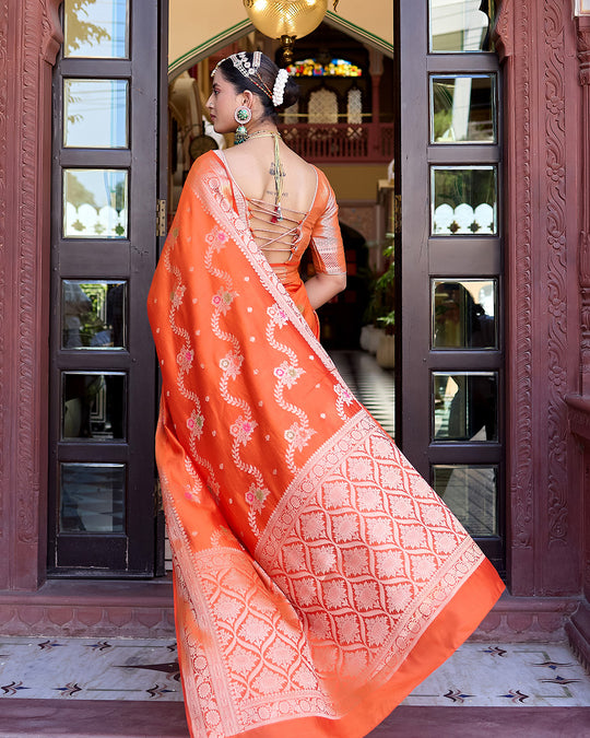 Orange Pure Banarasi Saree with Magnificent Floral Meenakari Jaal Weaving