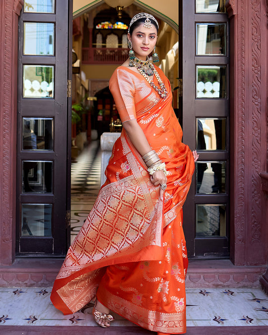 Orange Pure Banarasi Saree with Magnificent Floral Meenakari Jaal Weaving
