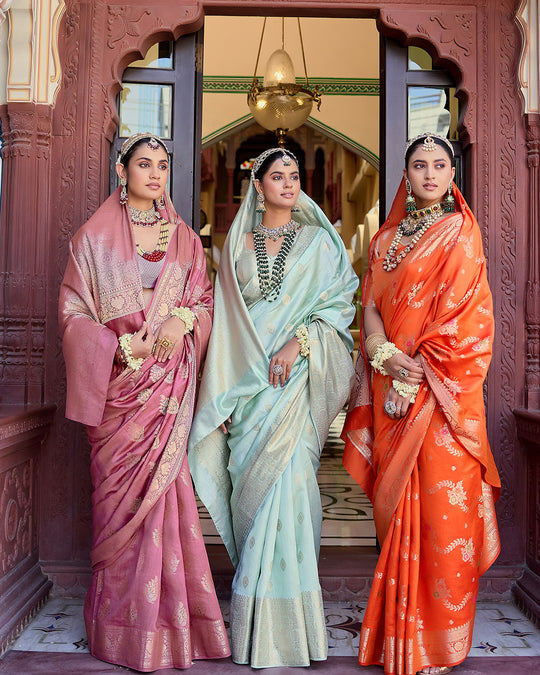 Mauve Pink Pure Banarasi Saree with Intricate Golden Zari Tree Buta Weaves