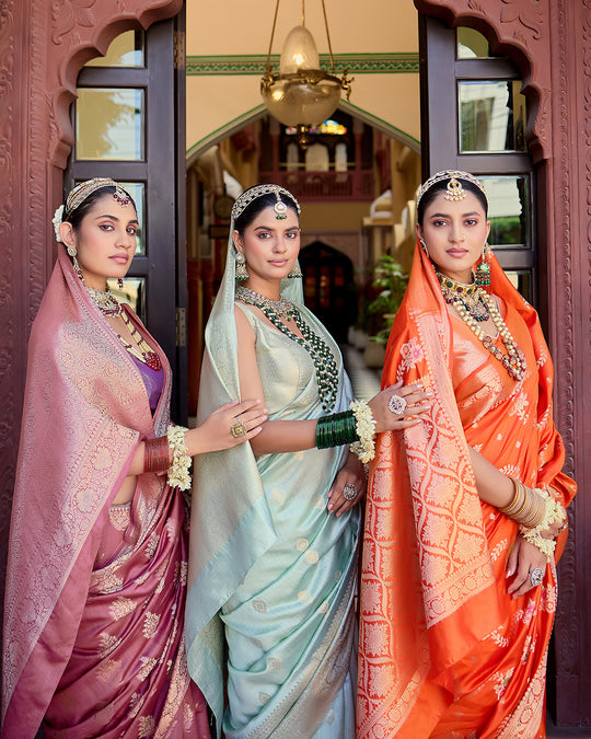 Mauve Pink Pure Banarasi Saree with Intricate Golden Zari Tree Buta Weaves