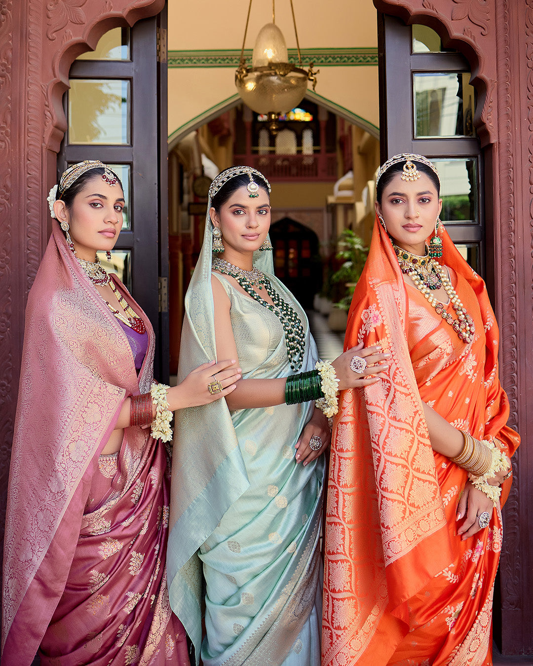 Orange Pure Banarasi Saree with Magnificent Floral Meenakari Jaal Weaving