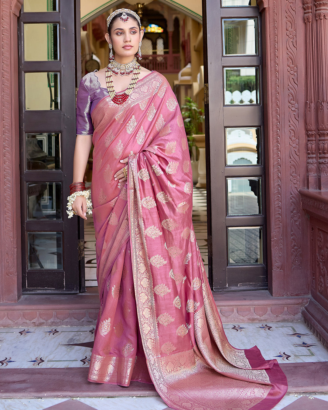 Mauve Pink Pure Banarasi Saree with Intricate Golden Zari Tree Buta Weaves