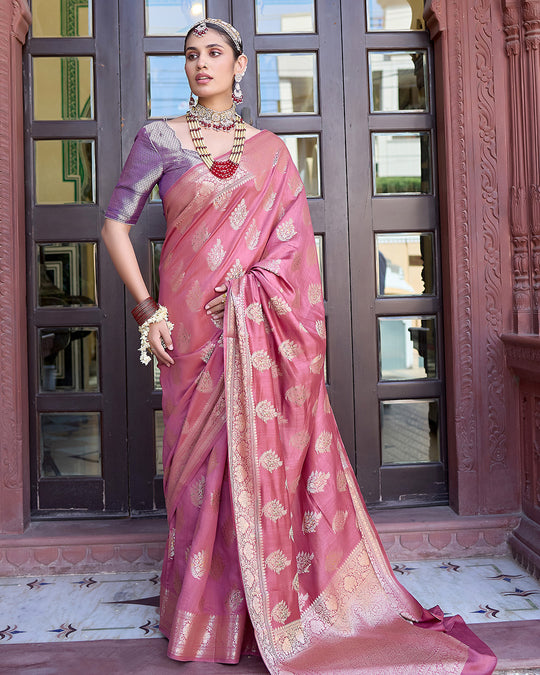 Mauve Pink Pure Banarasi Saree with Intricate Golden Zari Tree Buta Weaves