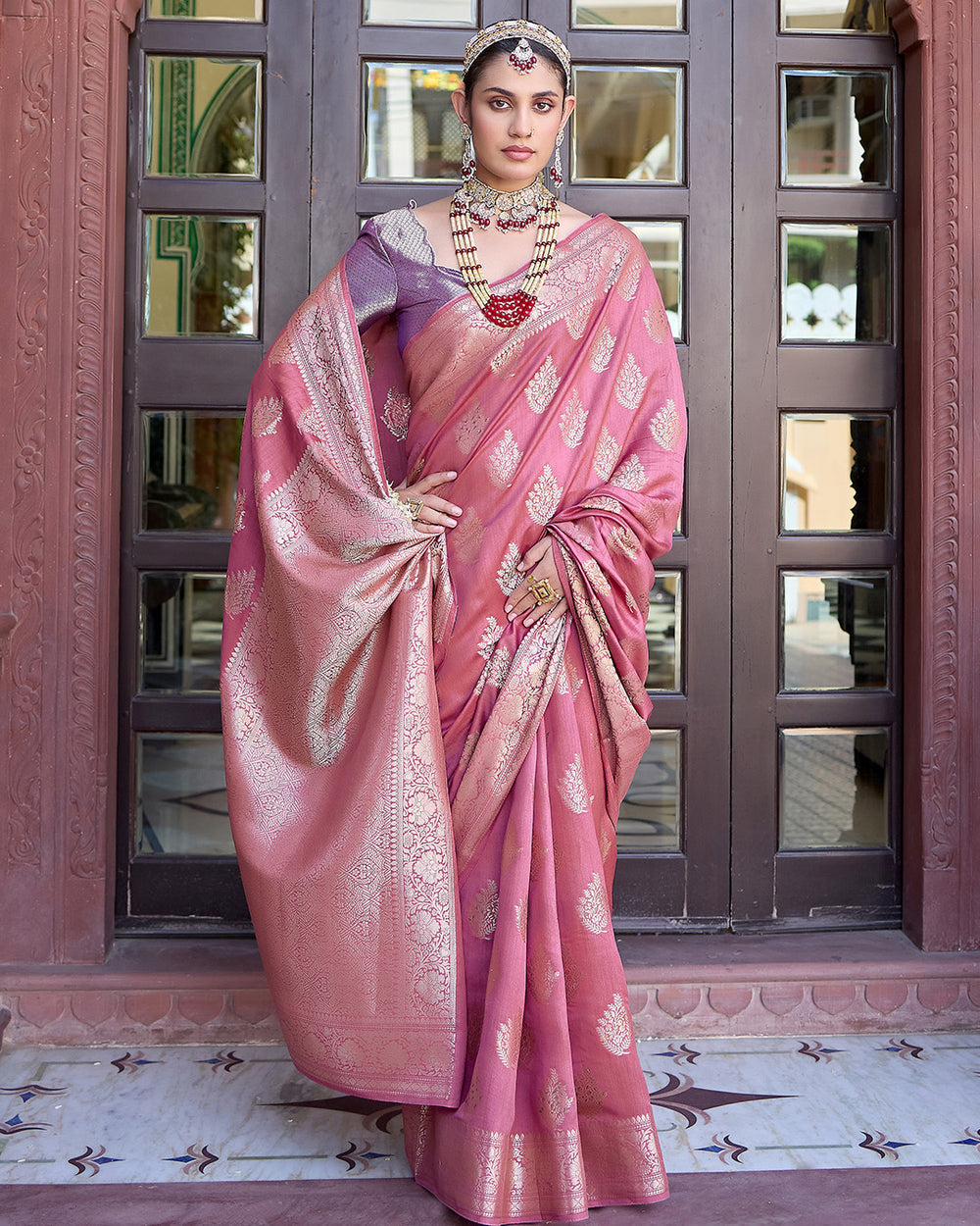Mauve Pink Pure Banarasi Saree with Intricate Golden Zari Tree Buta Weaves