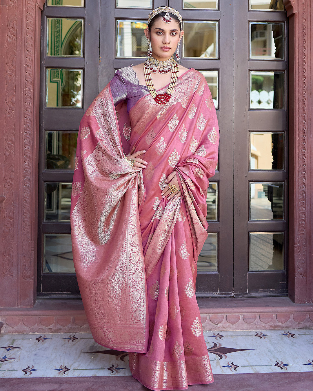 Mauve Pink Pure Banarasi Saree with Intricate Golden Zari Tree Buta Weaves