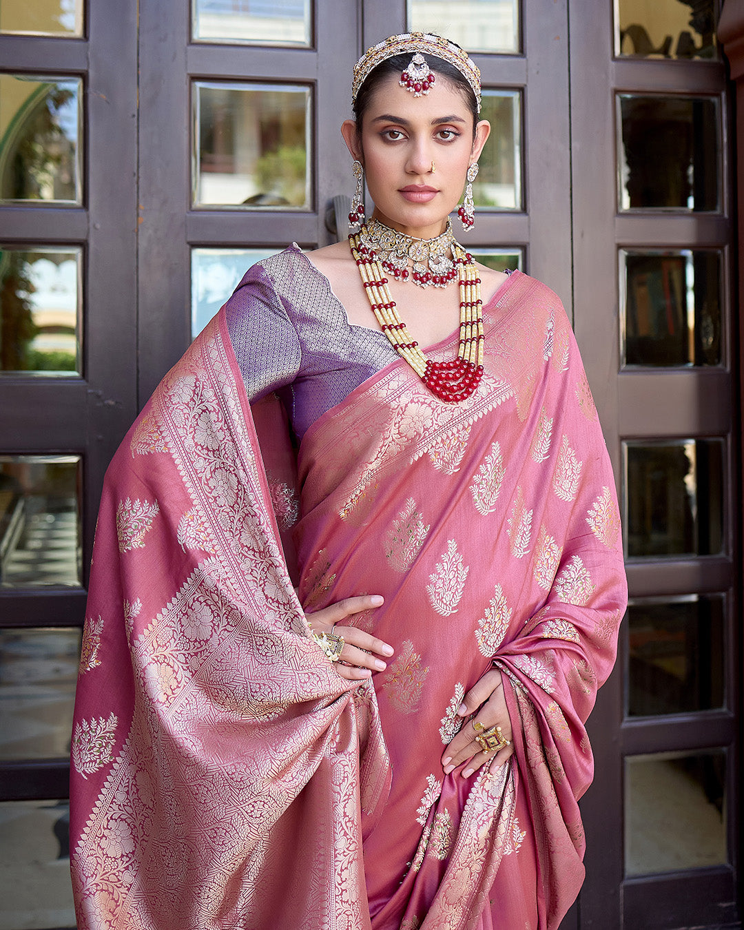 Mauve Pink Pure Banarasi Saree with Intricate Golden Zari Tree Buta Weaves