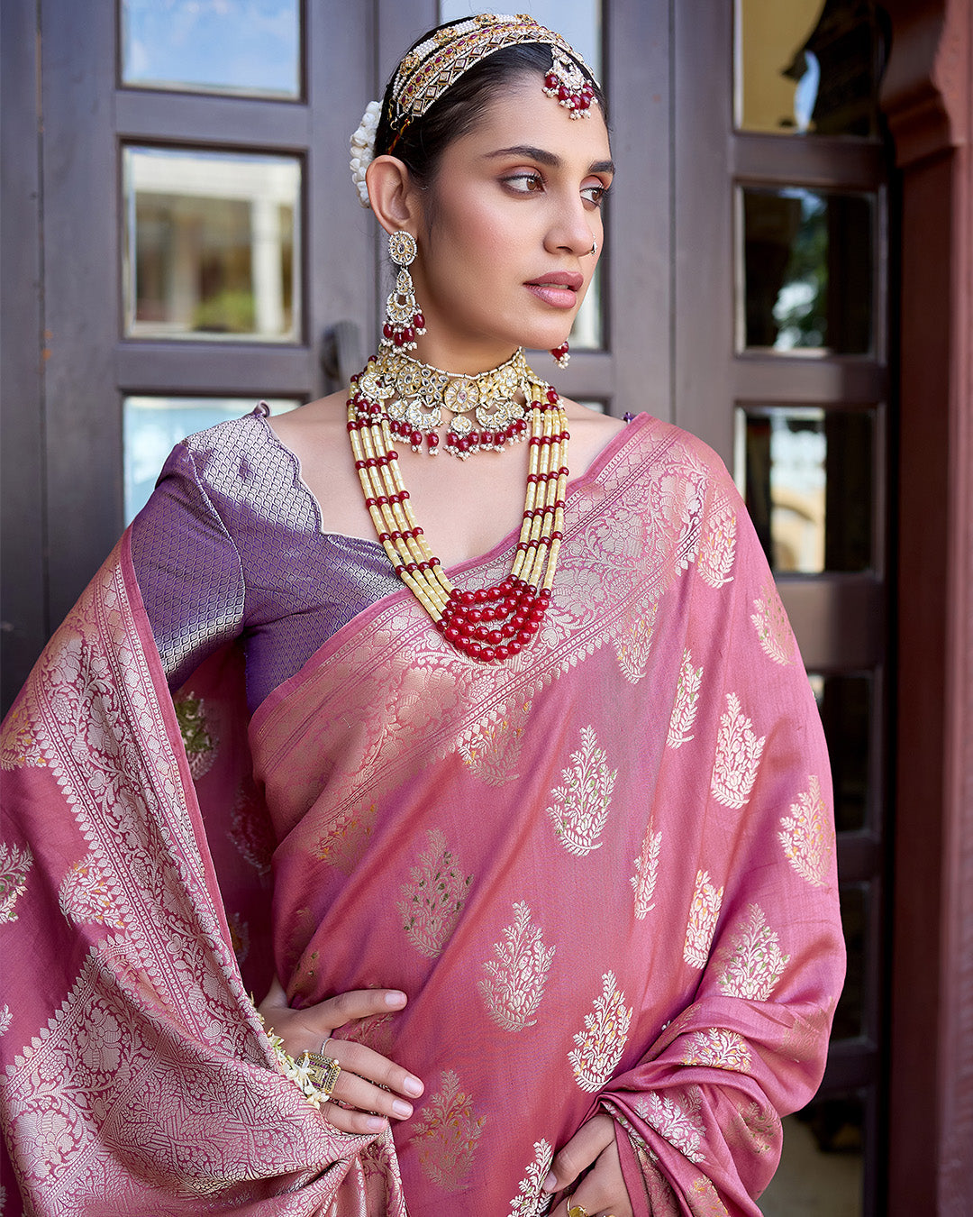 Mauve Pink Pure Banarasi Saree with Intricate Golden Zari Tree Buta Weaves