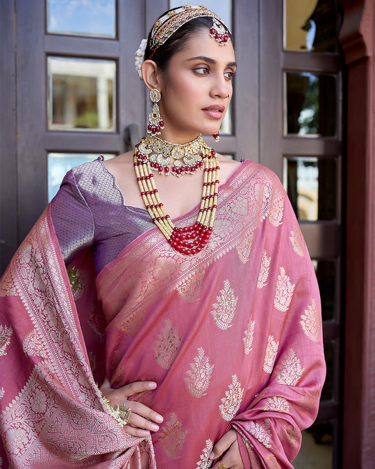 Mauve Pink Pure Banarasi Saree with Intricate Golden Zari Tree Buta Weaves