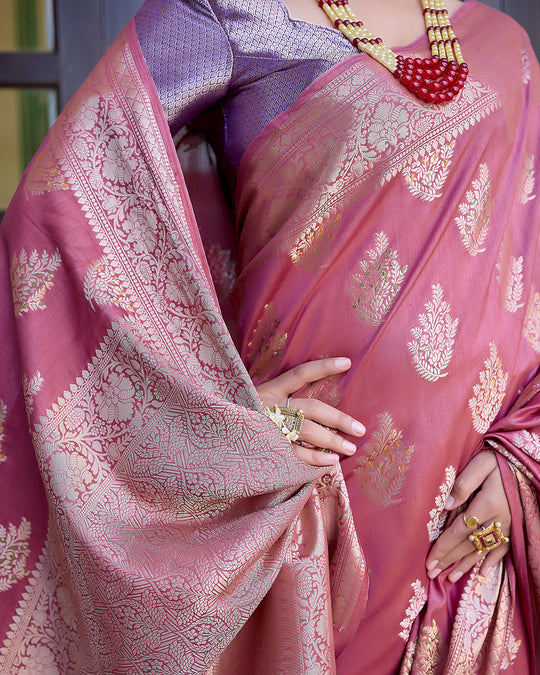Mauve Pink Pure Banarasi Saree with Intricate Golden Zari Tree Buta Weaves