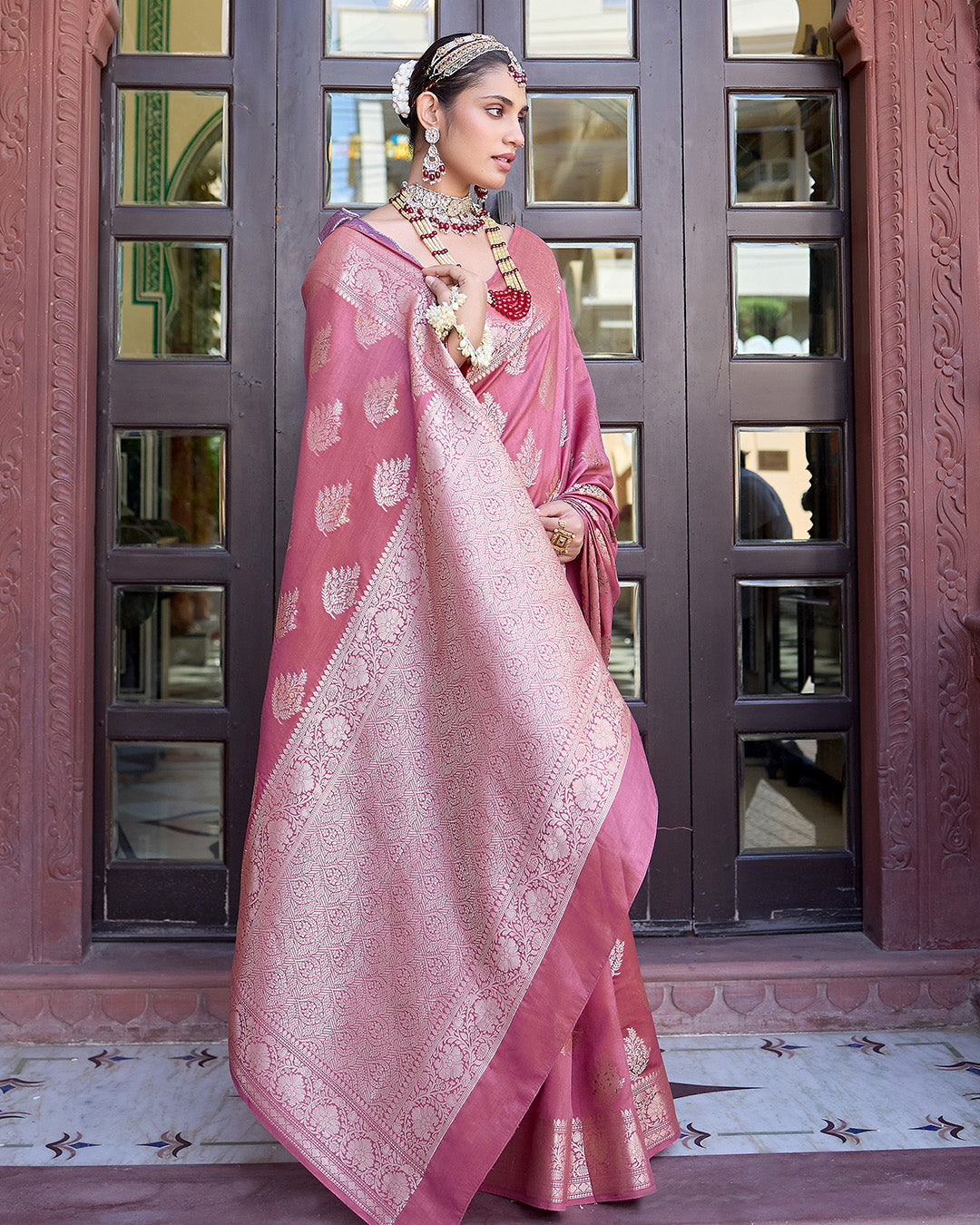 Mauve Pink Pure Banarasi Saree with Intricate Golden Zari Tree Buta Weaves