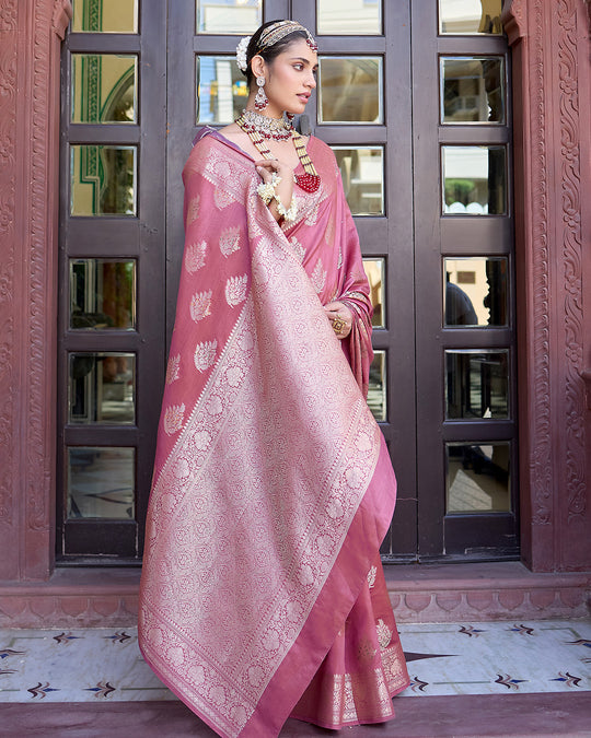 Mauve Pink Pure Banarasi Saree with Intricate Golden Zari Tree Buta Weaves