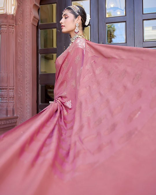 Mauve Pink Pure Banarasi Saree with Intricate Golden Zari Tree Buta Weaves