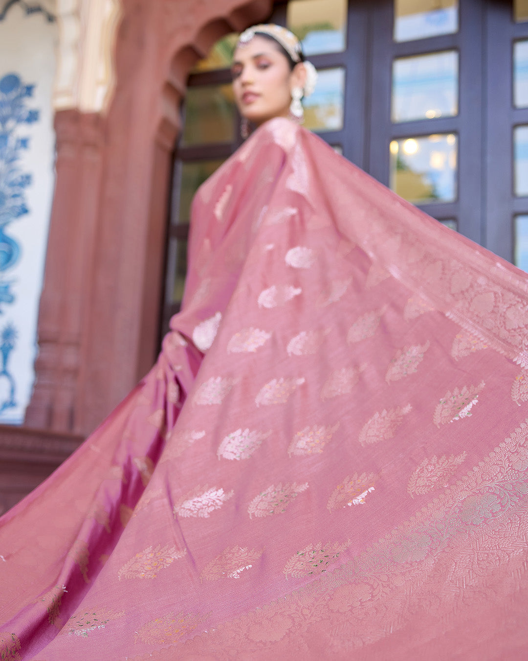 Mauve Pink Pure Banarasi Saree with Intricate Golden Zari Tree Buta Weaves
